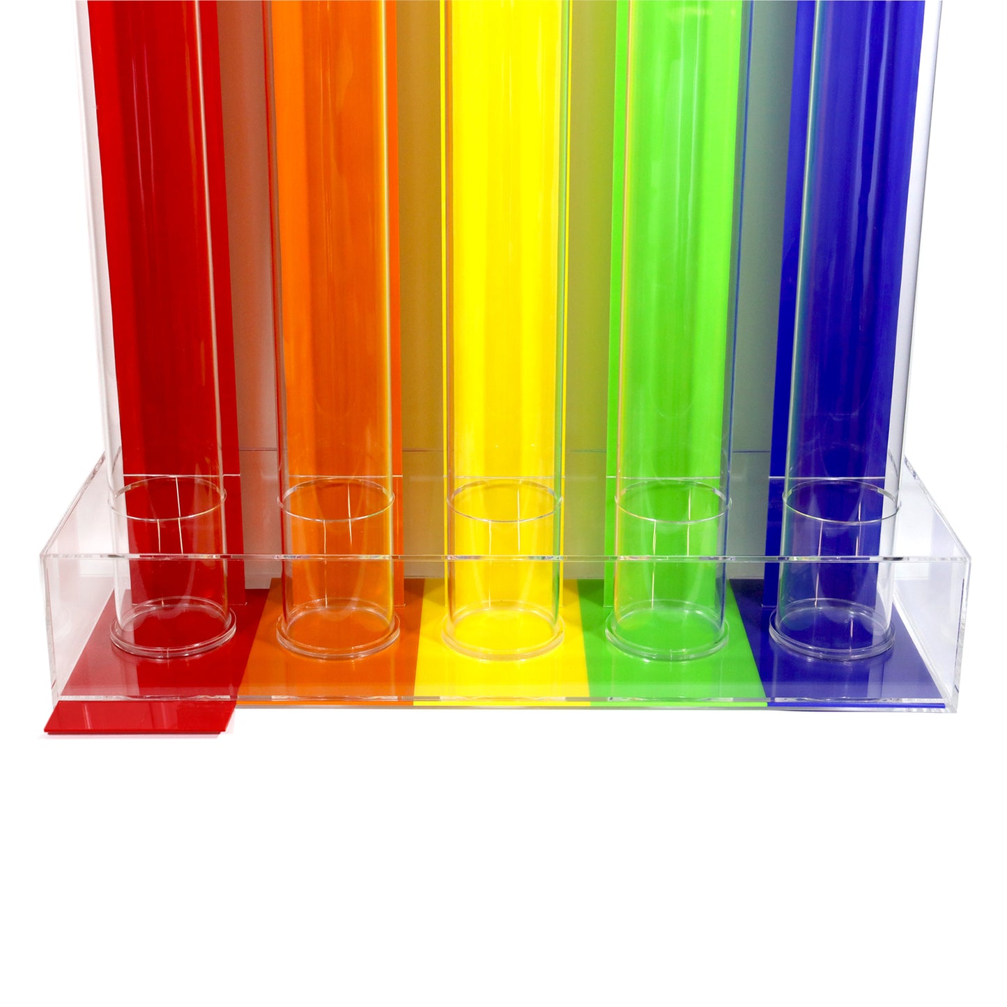 Large 5 Tube Reward Token Collector, Red, Orange, Yellow, Green and Blue Bottom Plate View With Out Sticking Red Plate To Indicate That the Bottom Plates Can Be Taken Out.