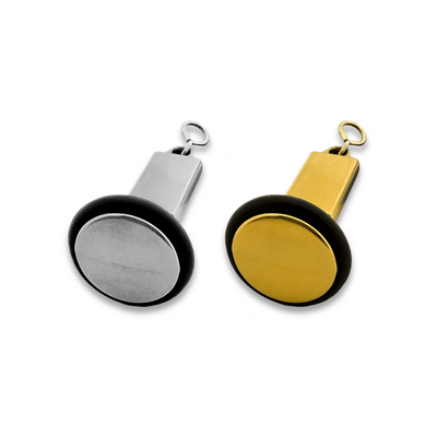 Two Emperor aluminium hotel key tags in gold and silver finishes, clock-shaped model with matching gold and silver S-hook fasteners and black rubber rings, 80x23mm. Bottom View