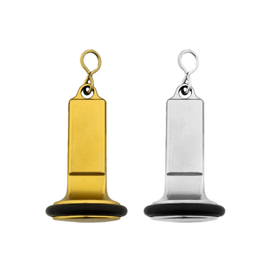 Two Emperor aluminium hotel key tags in gold and silver finishes, clock-shaped model with matching gold and silver S-hook fasteners and black rubber rings, 80x23mm.