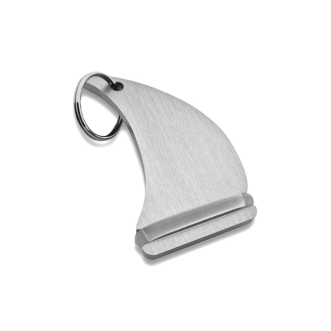 Sailboat-Style Silver Aluminium Key Tag with Brushed Metal Texture, Clear Rubber Ring, and Attached Split Ring.