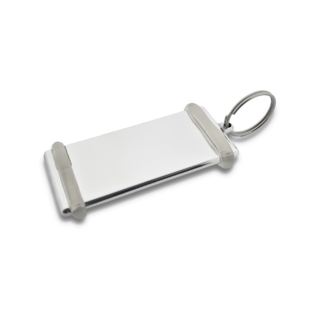 Silver Rectangle Hotel Key Tag With A Shine Finish, two transparent rubber rings and a silver splitring. Flatlay Side View