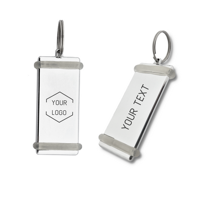Shiny Silver Hotel Key Tag With Custom Laser Engraving In Rectangle Shape With Two Transparent Rubber Protection Rings
