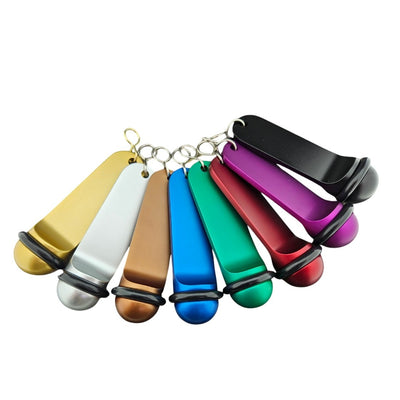 Flatlay image showing the full colour range of Big Classic Aluminium Hotel Key Tags with S-hook fasteners and black rubber rings.