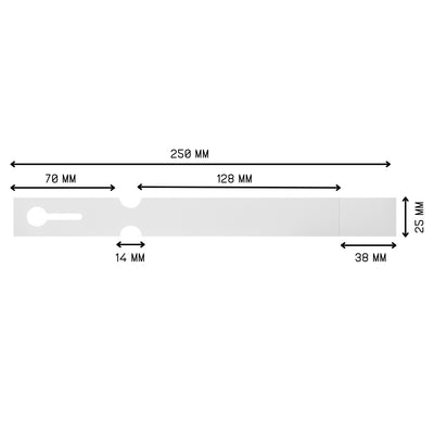 Individual white self-locking loop lock label, showcasing its 250x25mm dimensions