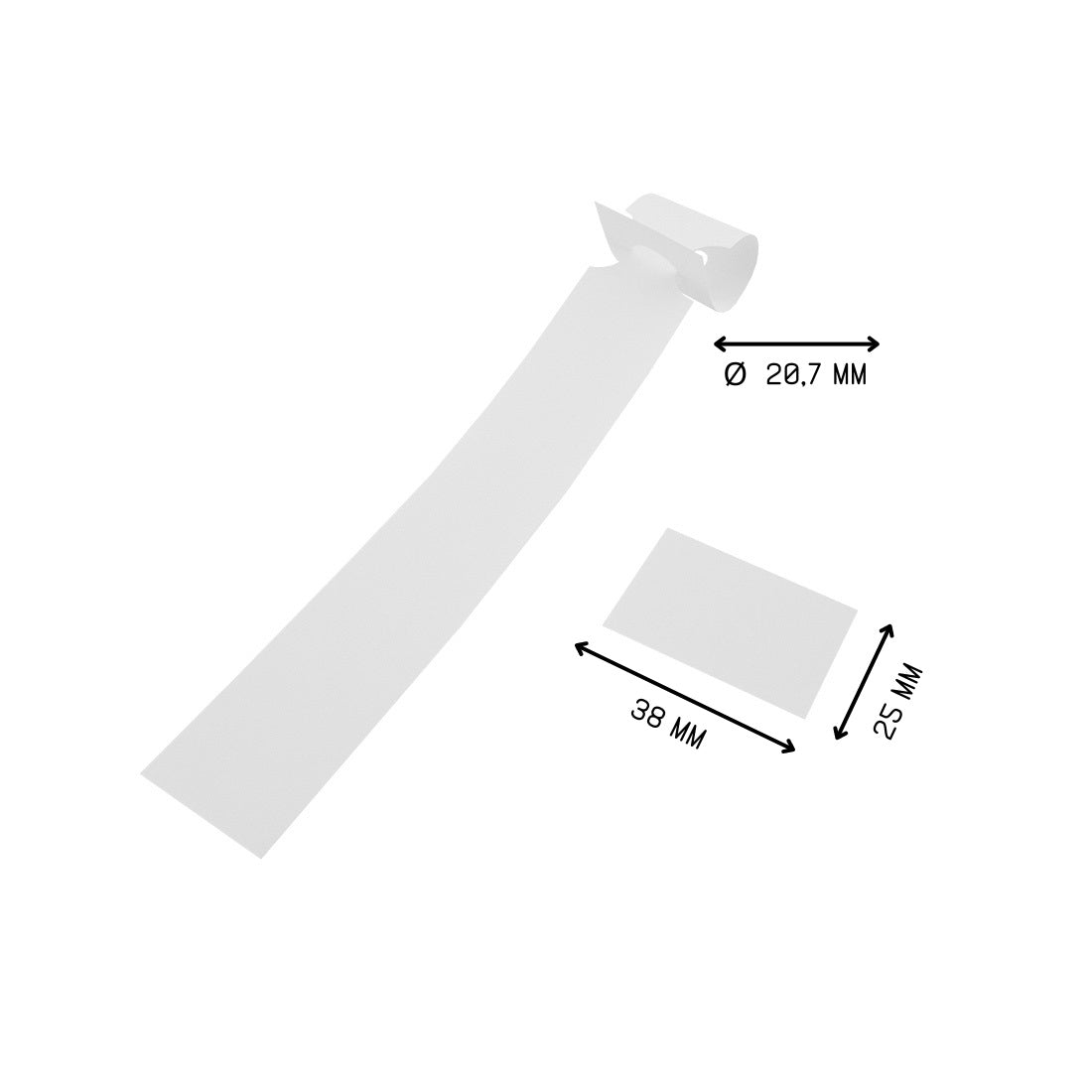 Close-up of white self-locking loop lock labels with tear-off stubs showing the dimensions