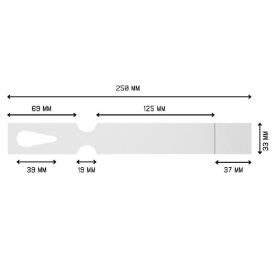 A customizable label 250 mm x 33mm with a tear-off stub, measuring 37mm x 33mm.