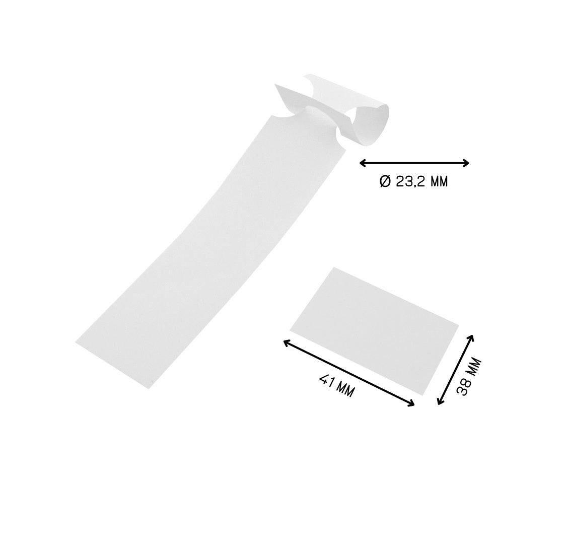 A customizable label with a tear-off stub, measuring 41mm x 38mm, showcasing the loop diameter is 23.2 mm