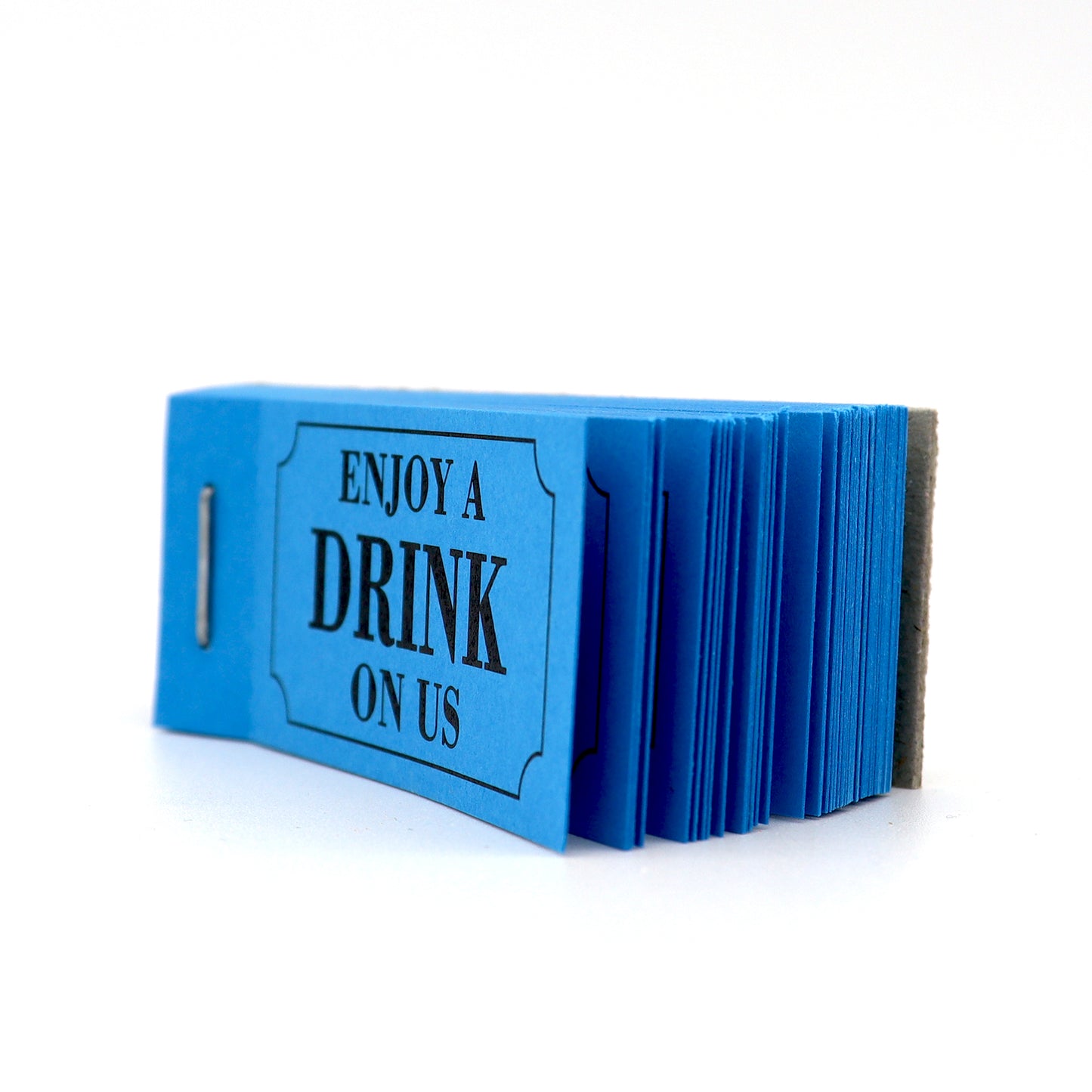 Small Drinks Tickets Book Blue ' Enjoy A Drink On Us' Side View Open