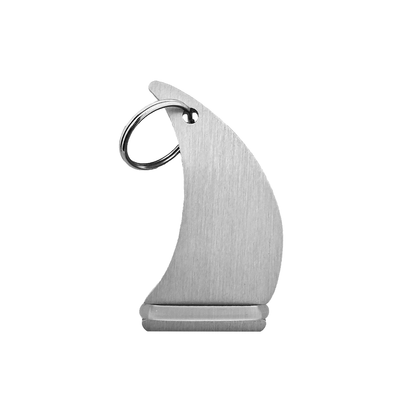 Elegant Sailboat Design Hotel Key Tag in Brushed Aluminium with Transparent Rubber Bumper and Silver Split Ring.