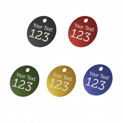 Coloured Anodised Aluminium Tags With Text and Number Engraving In Five Colour Options, Black, Red, DarkGreen, Gold, Blue