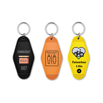 Retro Hotel/Motel Key Tags with Full-Colour Custom Print
Pictured: Black, Orange, and Yellow variants, each featuring a unique custom design.