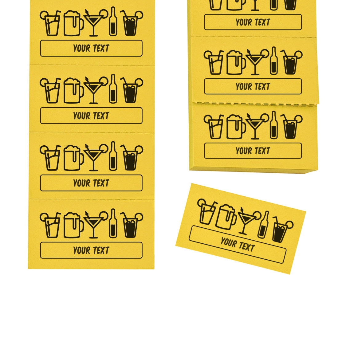Drink Tickets On Strips With Custom Text And Drink Glass Icons On Yellow Paper