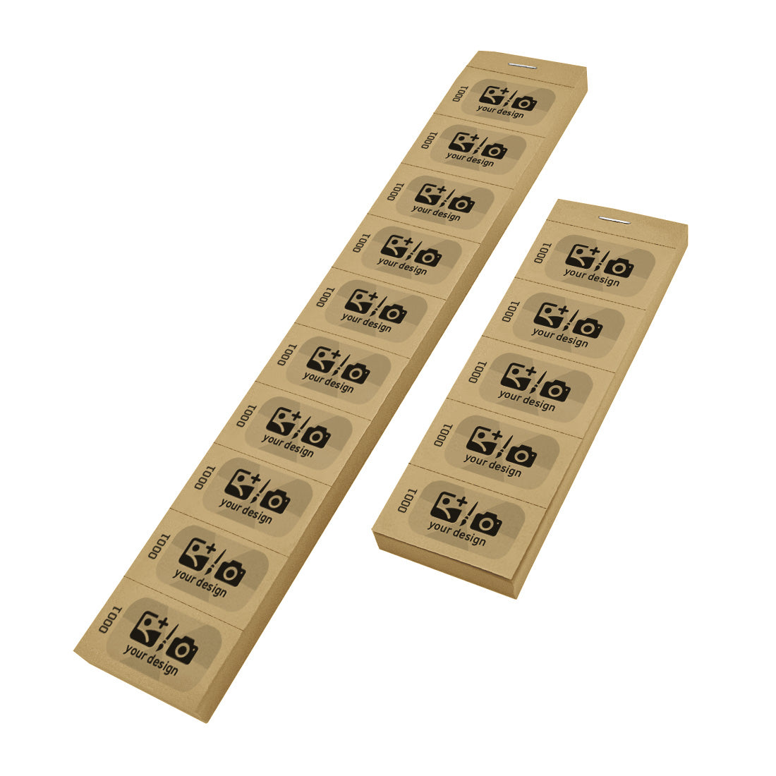 Custom Printed Number Paper Coupon Tickets On Perforated 5 or 10 Ticket Strips With A Black and Grey Print On Caramel Coloured Paper