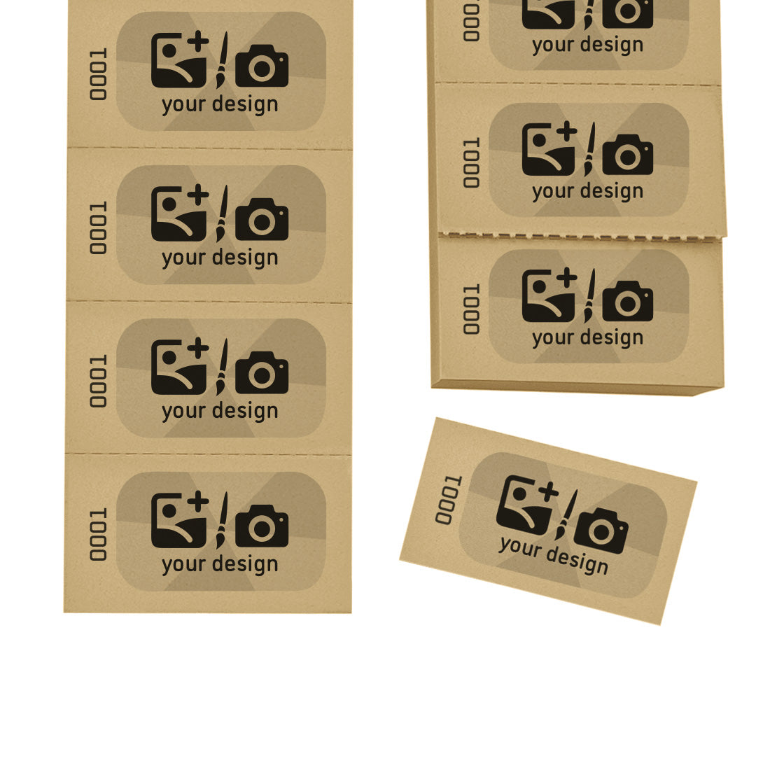 Easy Tear-off Paper Coupons / Tickets with Custom Print In Black and Grey With Text or Logo. Sequentially Numbered On Caramel Coloured Paper