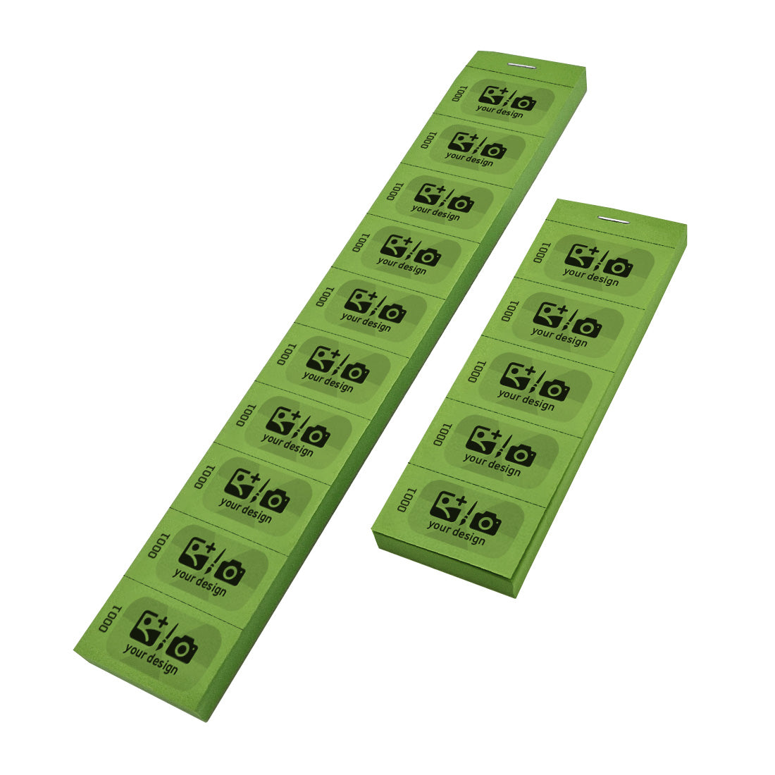 Custom Printed Number Paper Coupon Tickets On Perforated 5 or 10 Ticket Strips With A Black and Grey Print On Green Paper