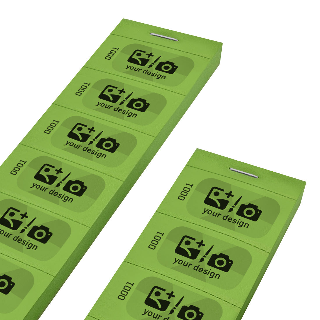 Custom Printed Paper Ticket Strip With a Black and Grey Print With Consecutive Numbering On Green Paper