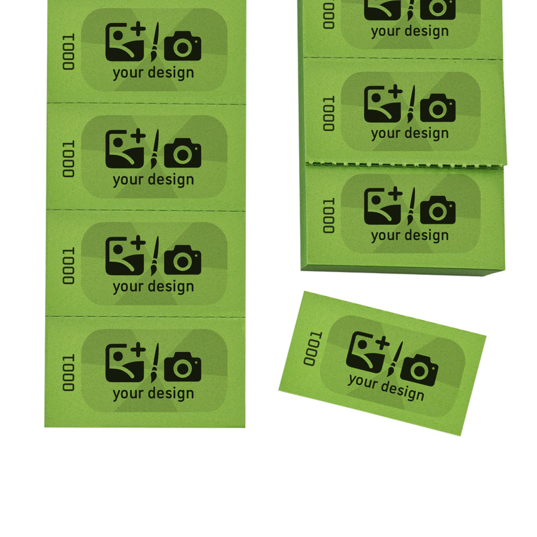 Easy Tear-off Paper Coupons / Tickets with Custom Print In Black and Grey With Text or Logo. Sequentially Numbered On Green Paper