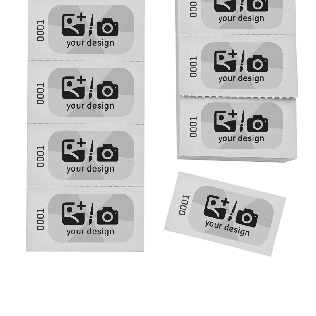 Easy Tear-off Paper Coupons / Tickets with Custom Print In Black and Grey With Text or Logo. Sequentially Numbered On Light Grey Paper