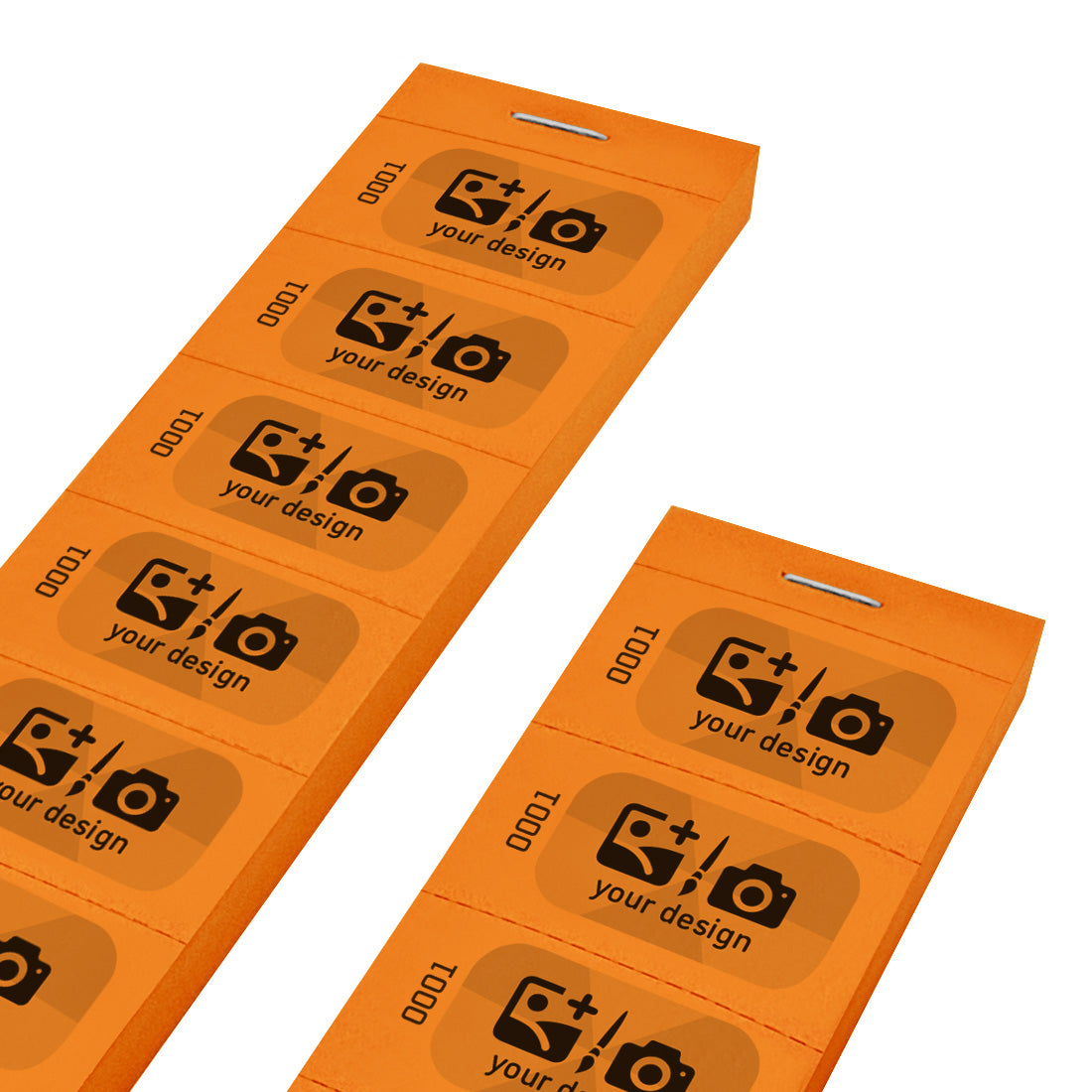 Custom Printed Paper Ticket Strip With a Black and Grey Print With Consecutive Numbering On Orange Paper
