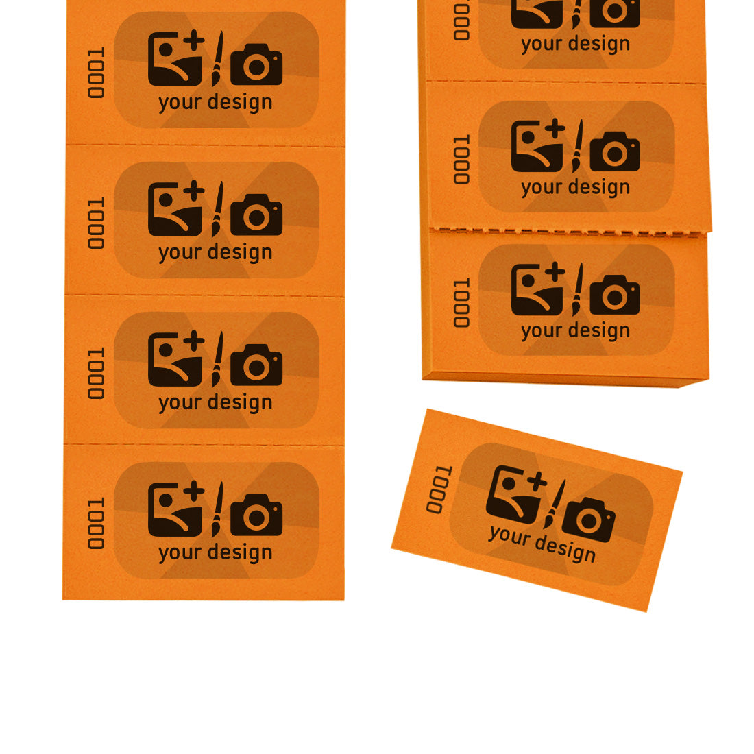 Easy Tear-off Paper Coupons / Tickets with Custom Print In Black and Grey With Text or Logo. Sequentially Numbered On Orange Paper