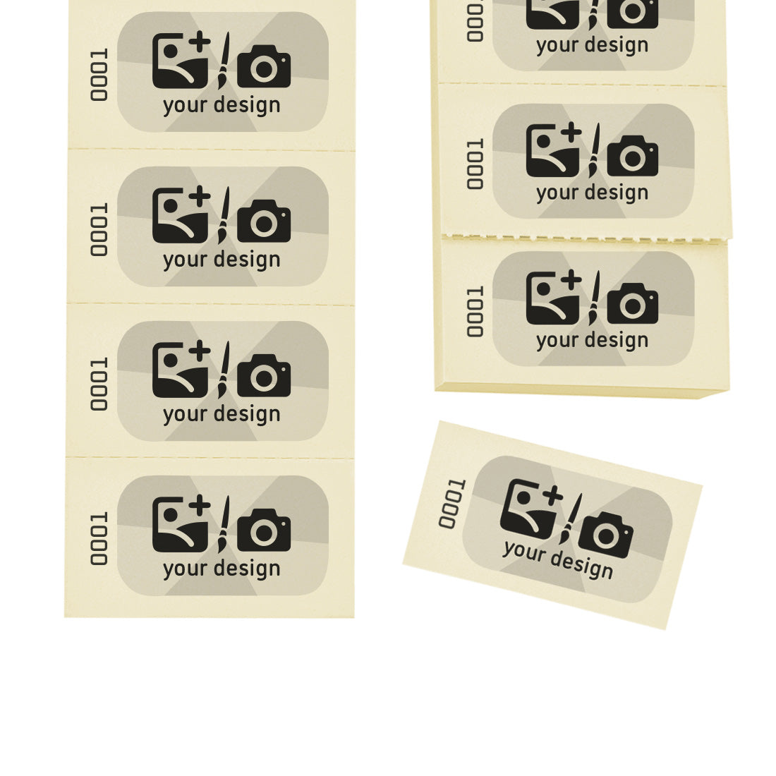 Easy Tear-off Paper Coupons / Tickets with Custom Print In Black and Grey With Text or Logo. Sequentially Numbered On Pastel Yellow Paper