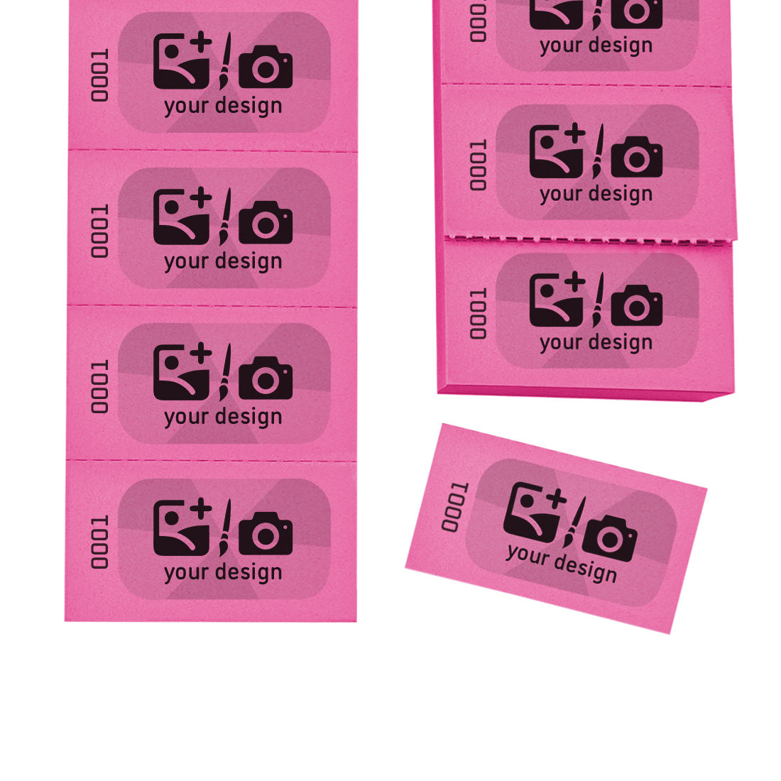 Easy Tear-off Paper Coupons / Tickets with Custom Print In Black and Grey With Text or Logo. Sequentially Numbered On Pink Paper