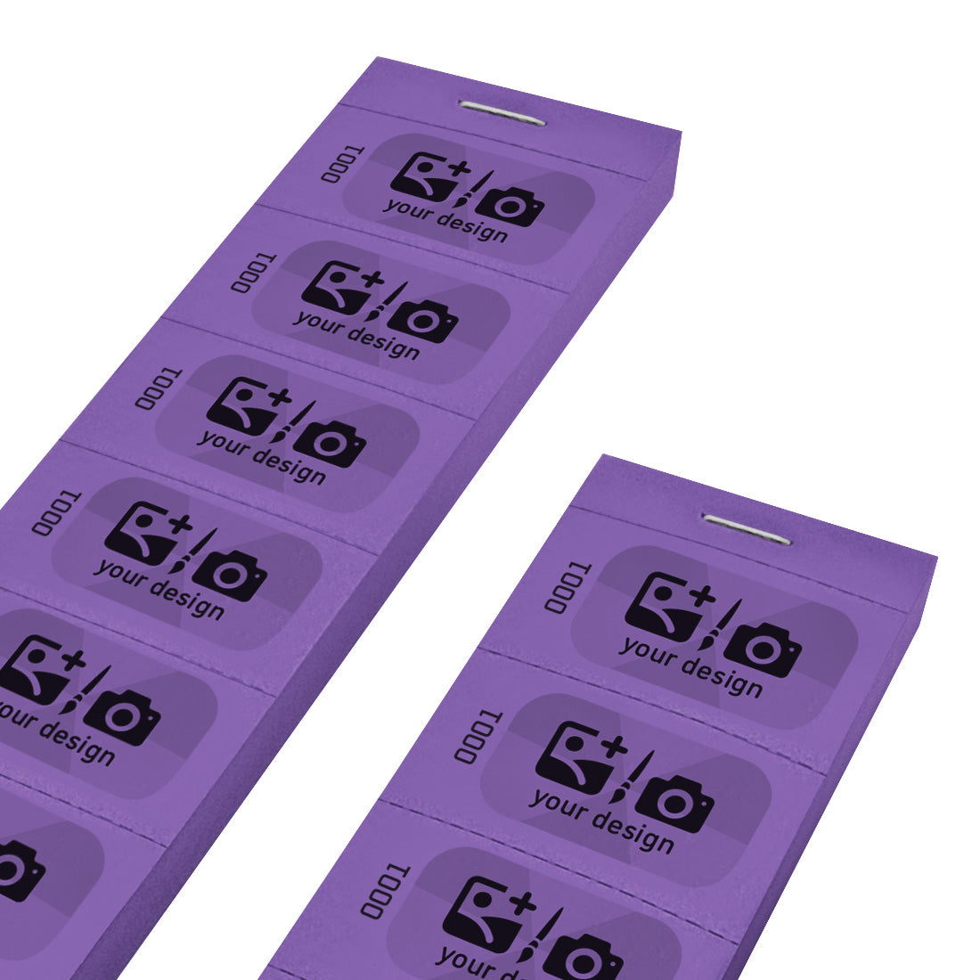 Custom Printed Paper Ticket Strip With a Black and Grey Print With Consecutive Numbering On Purple Paper