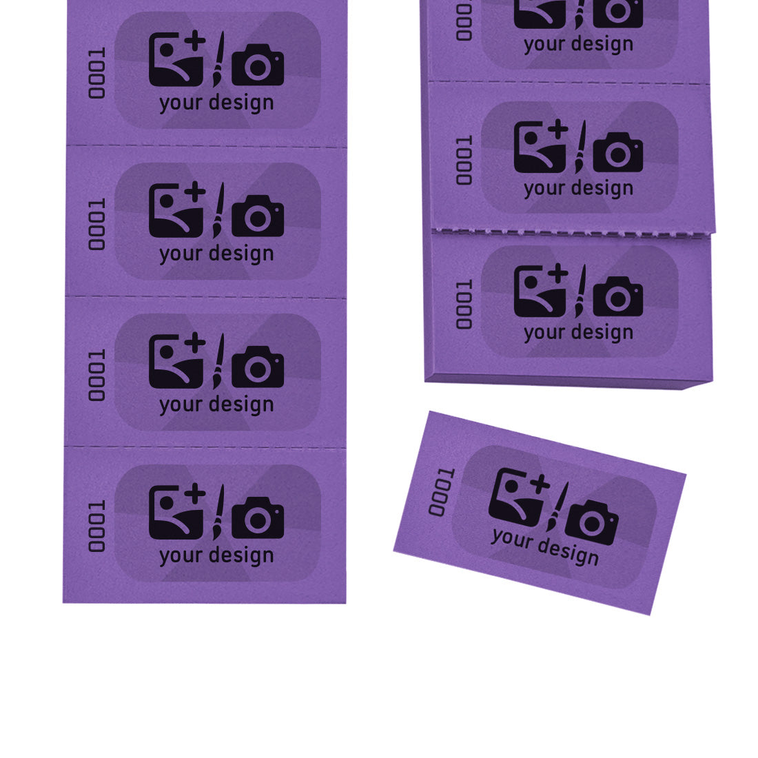 Easy Tear-off Paper Coupons / Tickets with Custom Print In Black and Grey With Text or Logo. Sequentially Numbered On Purple Paper