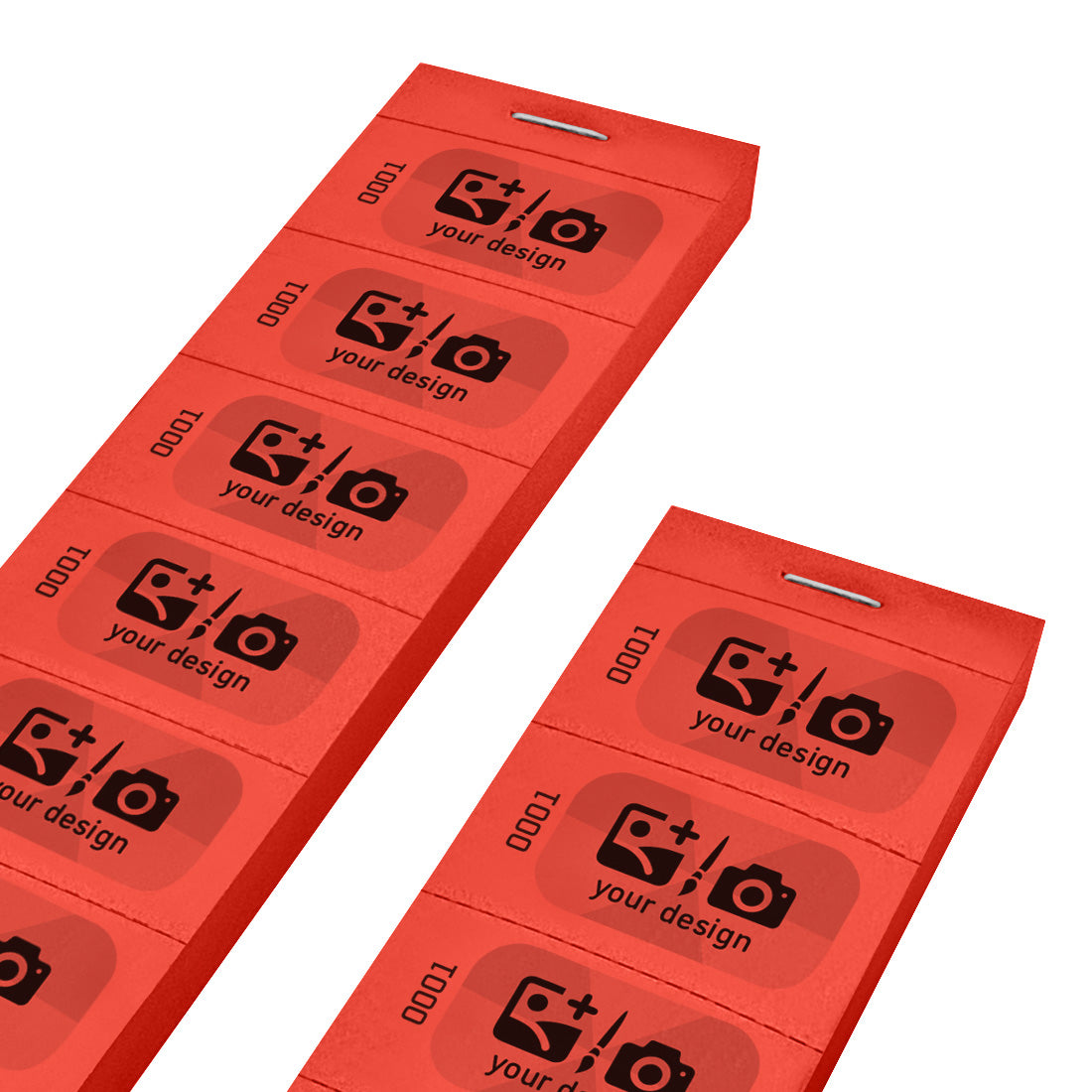 Custom Printed Paper Ticket Strip With a Black and Grey Print With Consecutive Numbering On Red Paper