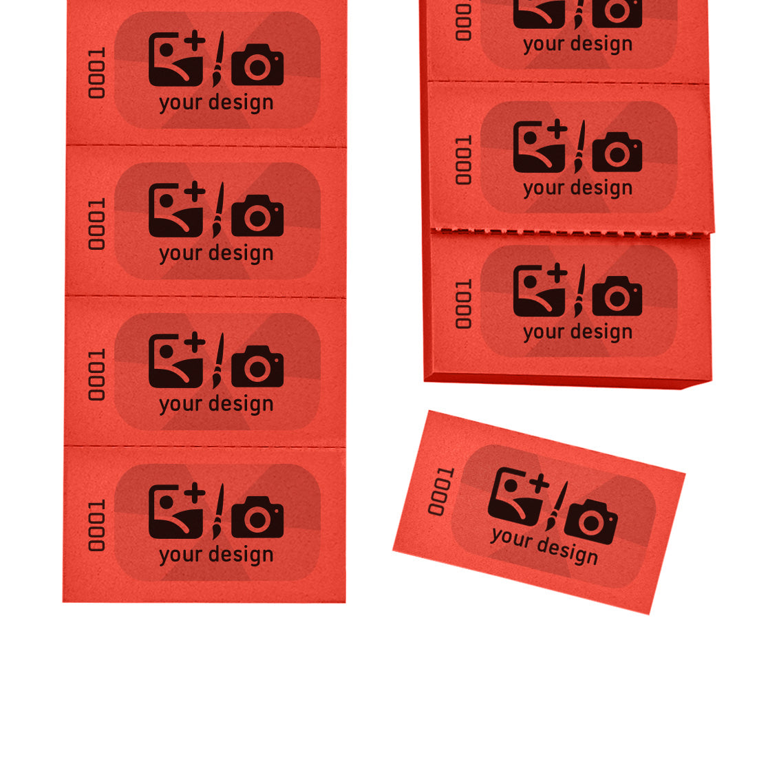 Easy Tear-off Paper Coupons / Tickets with Custom Print In Black and Grey With Text or Logo. Sequentially Numbered On Red Paper