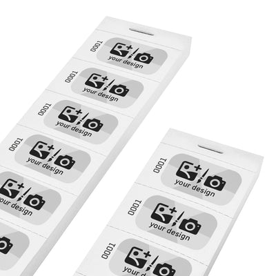 Custom Printed Paper Ticket Strip With a Black and Grey Print With Consecutive Numbering On White Paper
