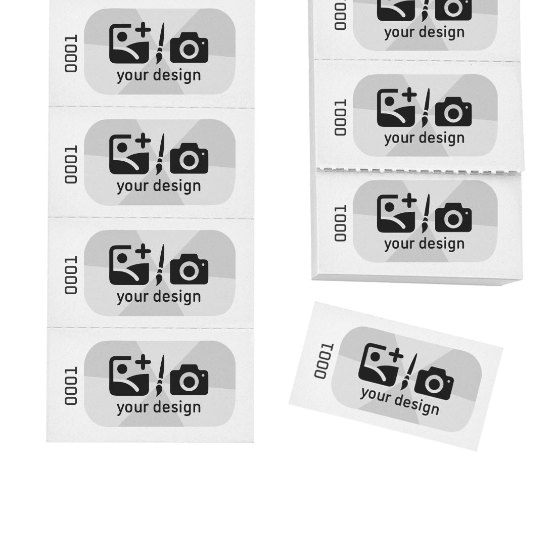Easy Tear-off Paper Coupons / Tickets with Custom Print In Black and Grey With Text or Logo. Sequentially Numbered On White Paper