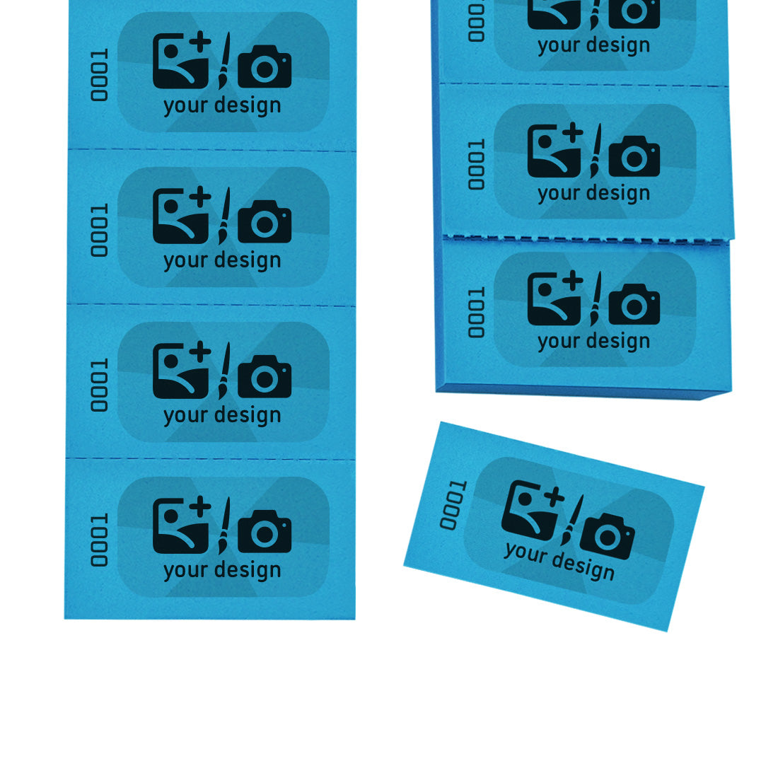 Easy Tear-off Paper Coupons / Tickets with Custom Print In Black and Grey With Text or Logo. Sequentially Numbered On Blue Paper