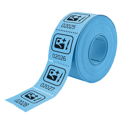 Roll of custom printed tickets, 30x30mm size, blue paper with black ink, side view.