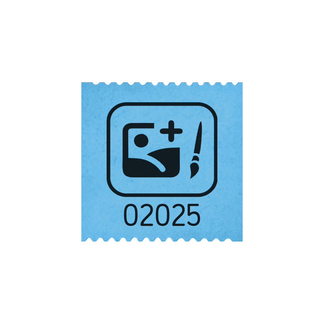 Custom printed roll tickets on blue paper with black ink, showing one 30x30mm ticket with a custom design and number.