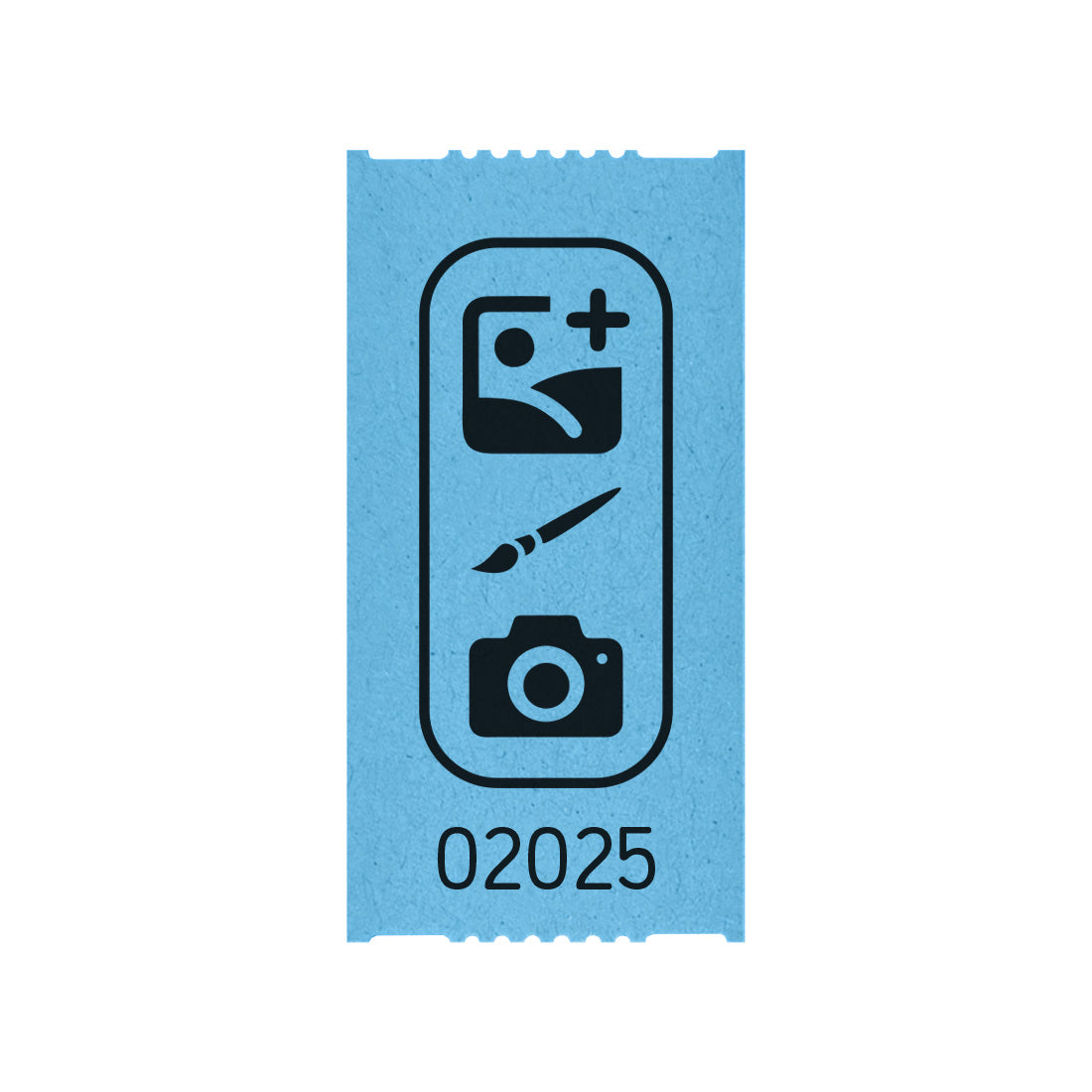 Tickets Rolls custom printed on blue paper with black ink, showing one individual 57x30mm ticket with a custom design and serial number printed in black