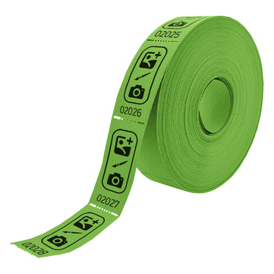 Roll of custom printed tickets, 57x30mm size, green paper with black ink, side view.