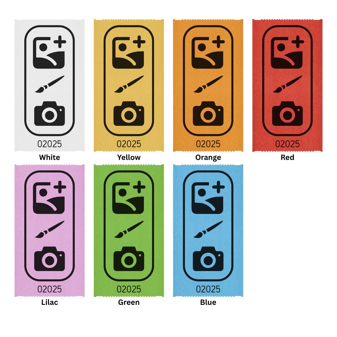 Custom Printed Ticket Rolls In Seven Different Paper Colours Showing All The Individual Tickets Per Colour With Black Print 114x60mm