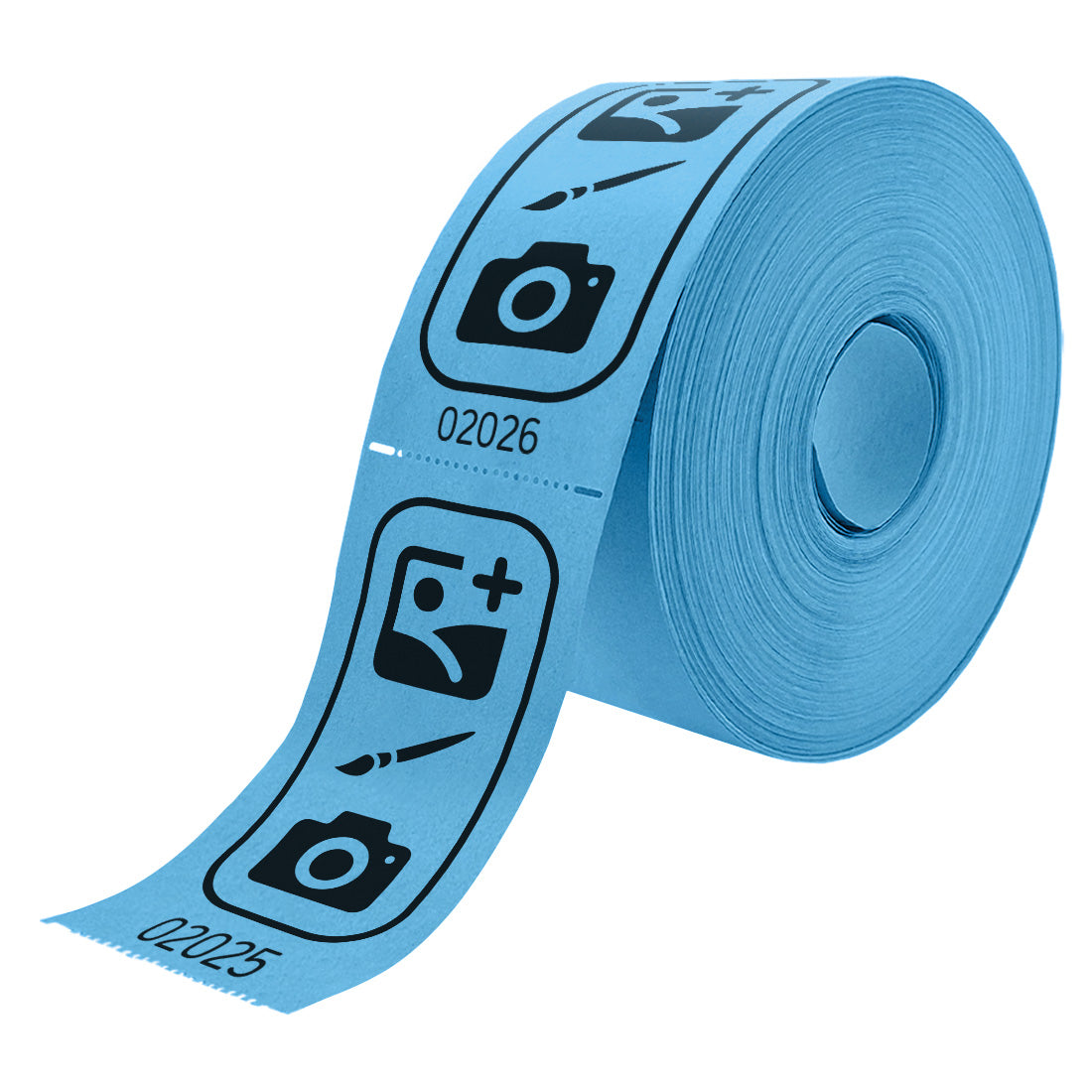 Roll of custom printed tickets, 114x60mm size, blue paper with black ink, side view.
