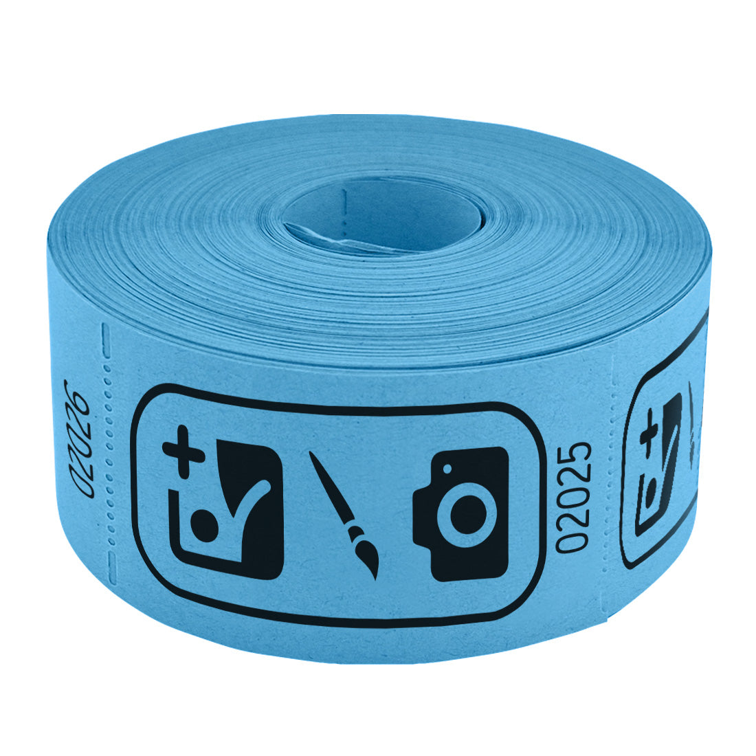 Roll of custom printed tickets, 114x60mm size, blue paper with black ink, flat view.
