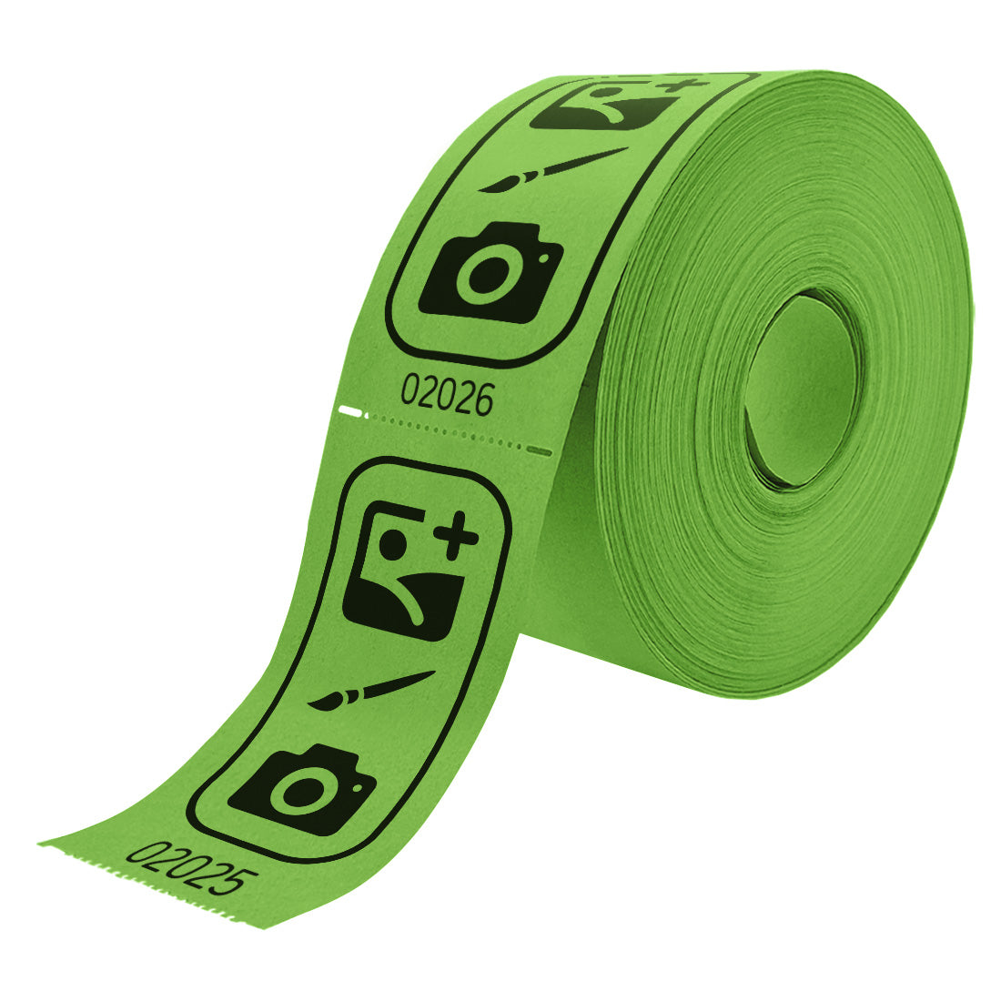 Roll of custom printed tickets, 114x60mm size, green paper with black ink, side view.