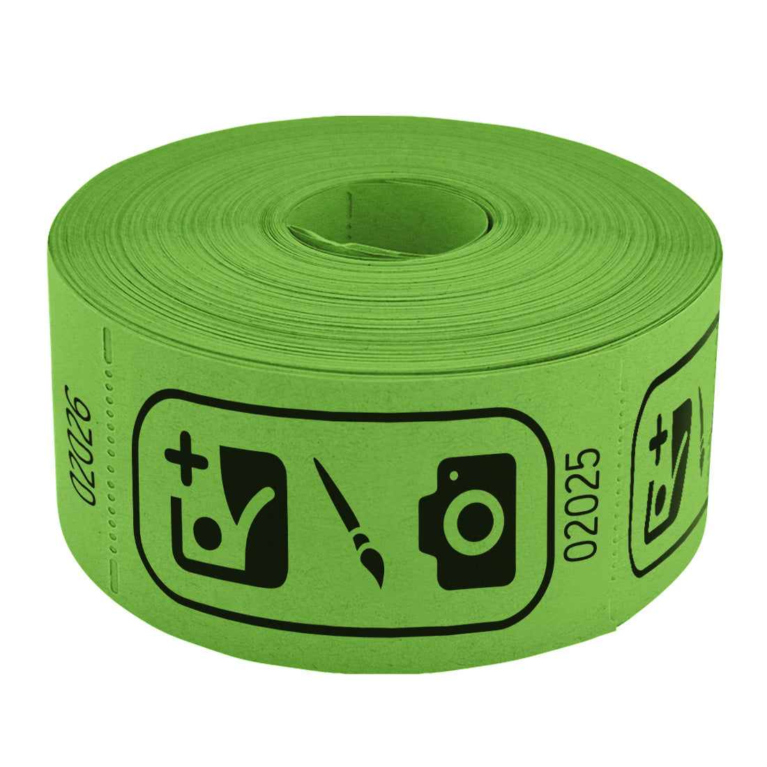 Roll of custom printed tickets, 114x60mm size, green paper with black ink, flat view.