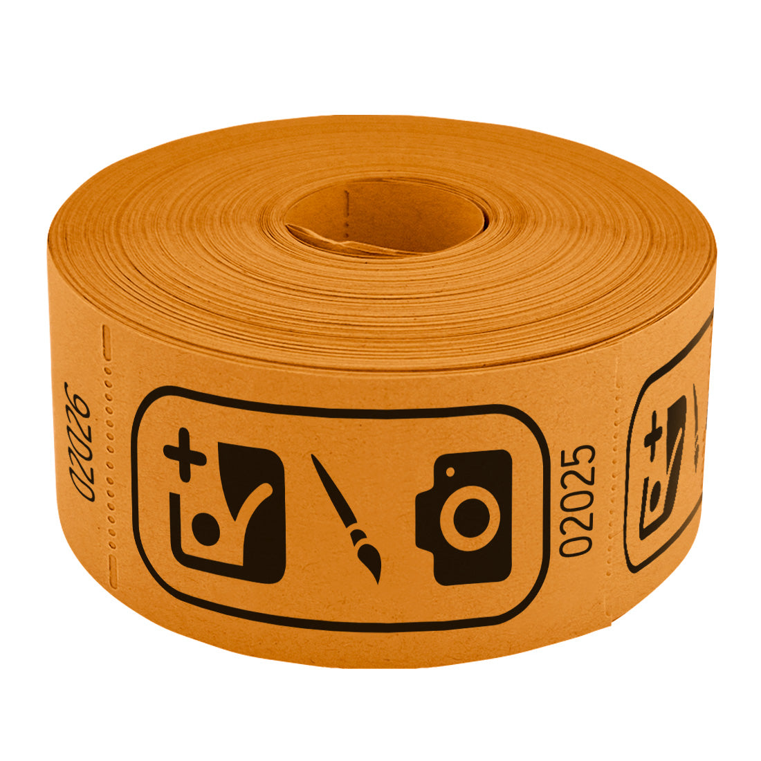 Roll of custom printed tickets, 114x60mm size, orange paper with black ink, flat view.