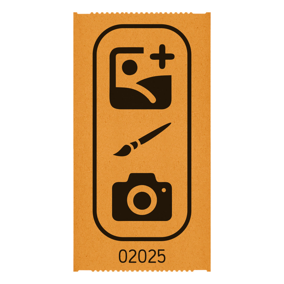 Tickets Rolls custom printed on orange paper with black ink, showing one individual 114x60mm ticket with a custom design and serial number printed in black