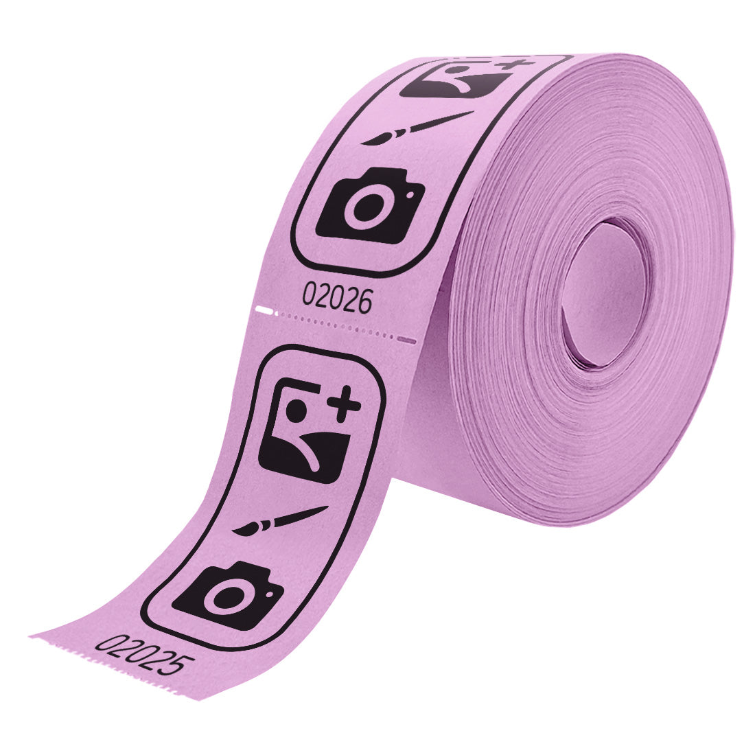 Roll of custom printed tickets, 114x60mm size, lilac / pink paper with black ink, side view.