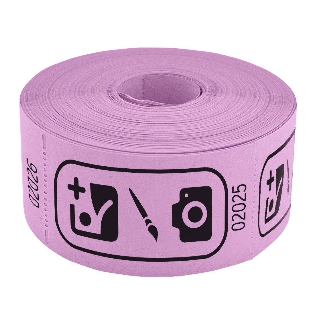 Roll of custom printed tickets, 114x60mm size, pink / lilac paper with black ink, flat view.