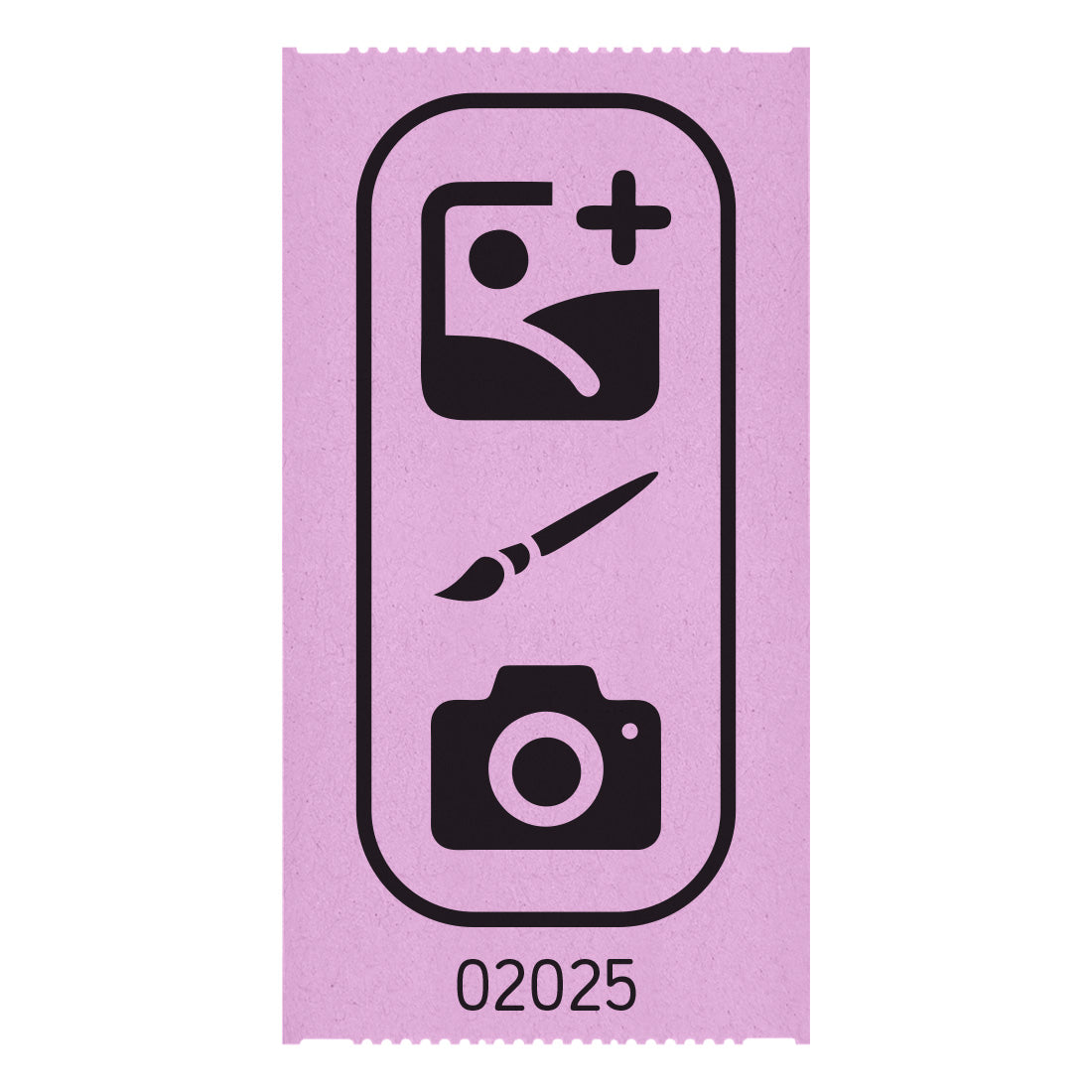 Tickets Rolls custom printed on lilac / pink paper with black ink, showing one individual 114x60mm ticket with a custom design and serial number printed in black