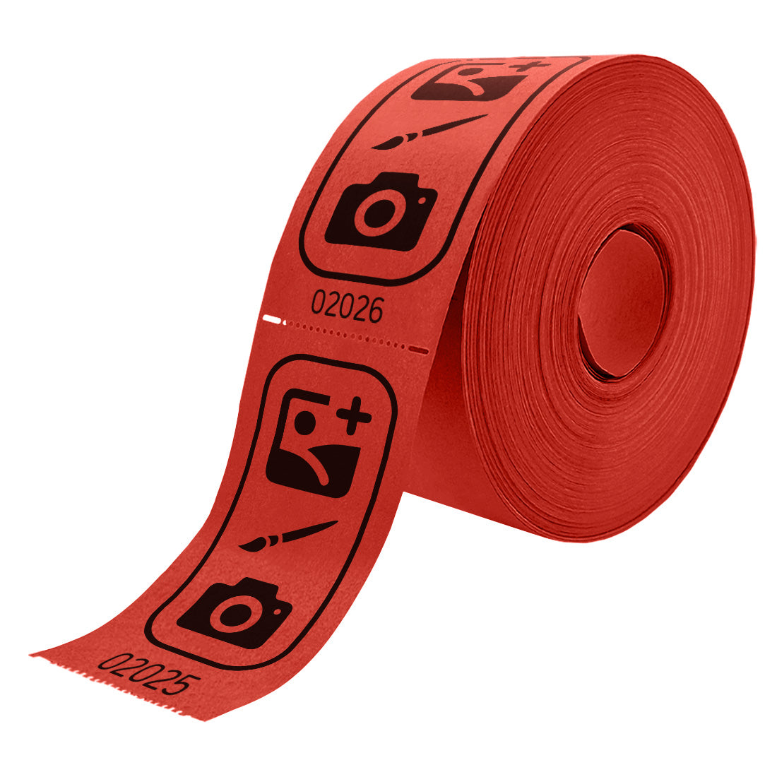 Roll of custom printed tickets, 114x60mm size, red paper with black ink, side view.