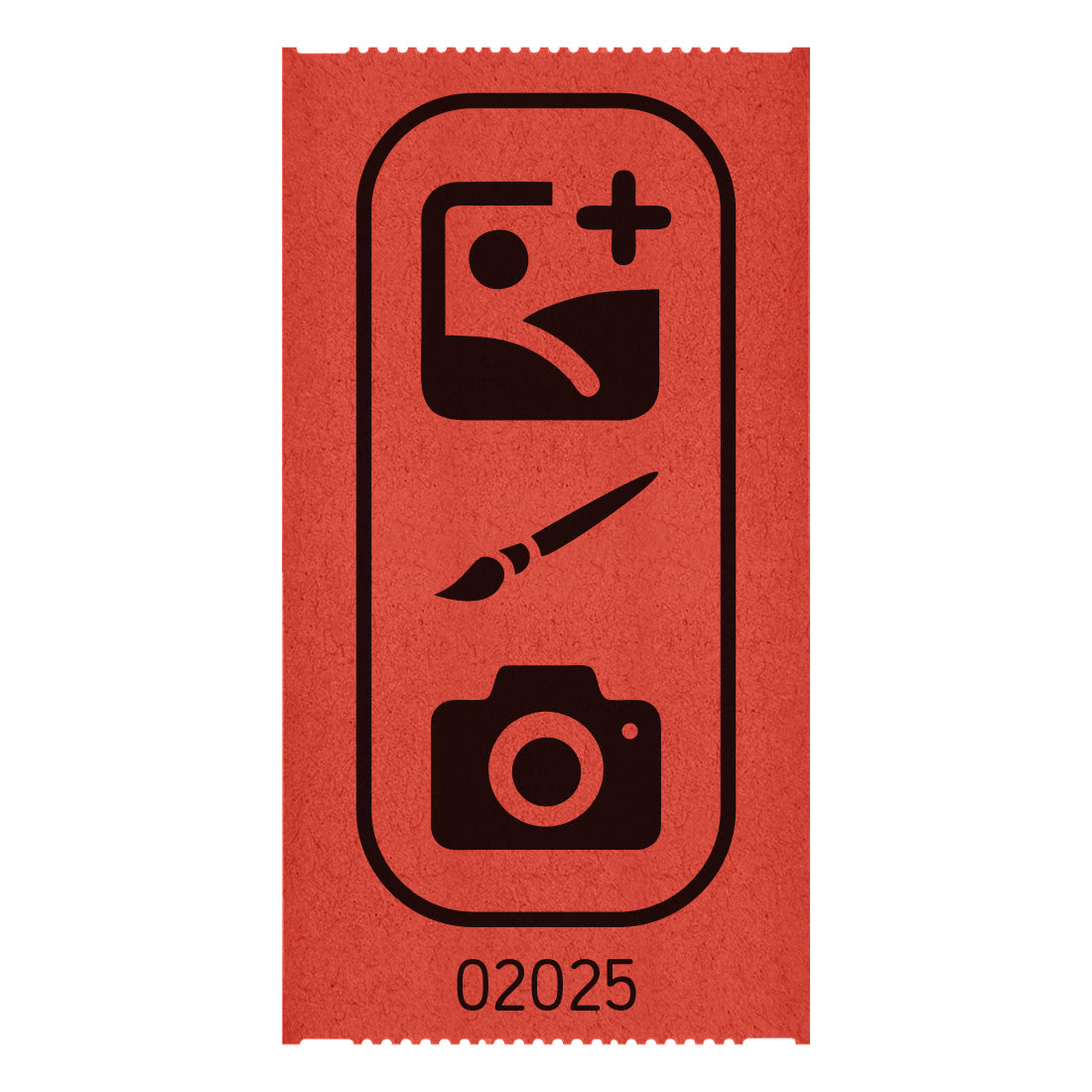 Tickets Rolls custom printed on red paper with black ink, showing one individual 114x60mm ticket with a custom design and serial number printed in black