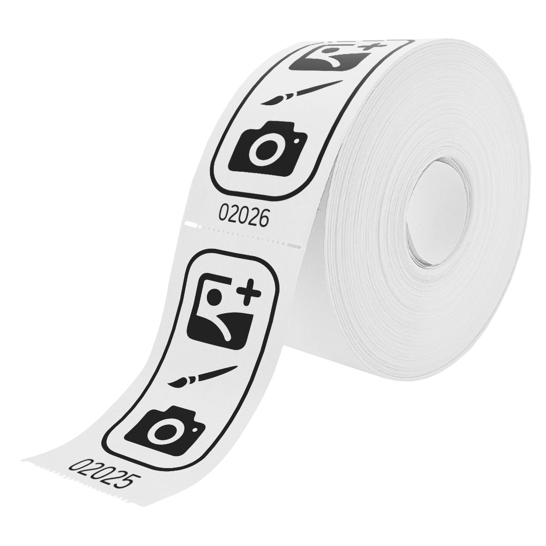 Roll of custom printed tickets, 114x60mm size, white paper with black ink, side view.